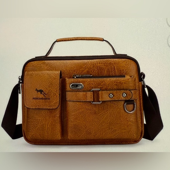 Houcundaishu Brown Vegan Leather Men’s Messenger Crossbody Bag Adjustable Strap - Picture 1 of 9
